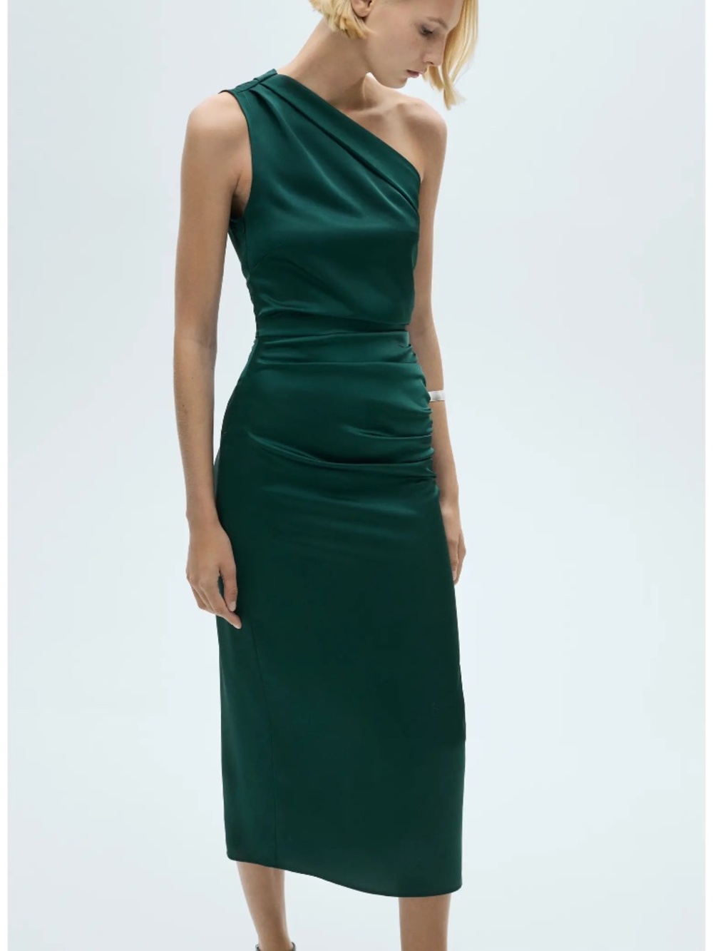 NWT MANGO Forest Green Asymmetrical Satin Side Ruche One Shoulder Midi Dress